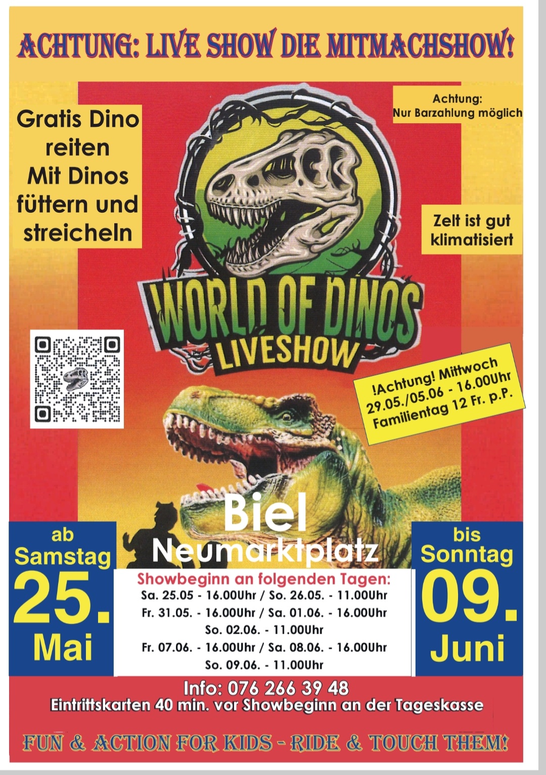 Vom Samstag 25. Mai bis Sonntag 9. Juni können Sie unsere Dinos live im Zelt erleben. Wo? In Biel am Neumarktplatz. Showzeiten Freitags und Samstags 16 Uhr, Sonntags um 11 Uhr