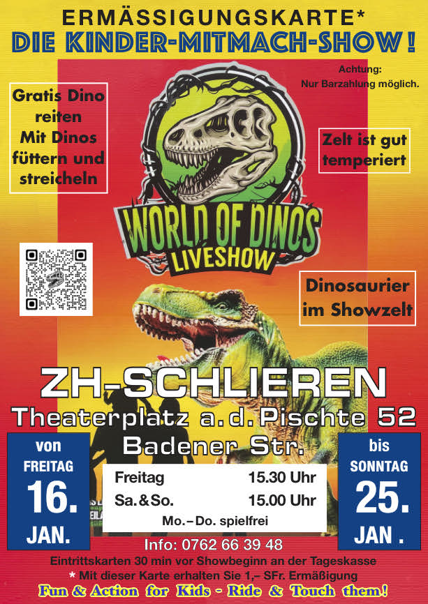 Die Kinder-Mitmach-Showgastiert in Zürich-Schlieren von Freitag 16. Januar bis zum Sonntag 25. Januar 2026 auf dem Theaterplatz an der Pischte 52, Badener Strasse. Vorstellungen Freitag um 15:30 und Samstag und Sonntag 15 Uhr